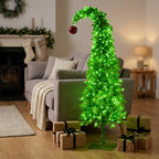 Christabelle 1.8m 6ft Gremlin Christmas Tree Pre Lit Green White LED Curved Top Red Bauble Artificial Indoor Xmas Decor