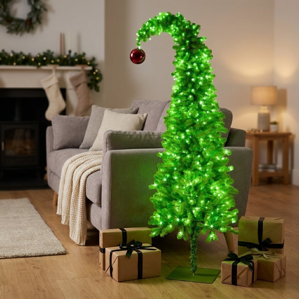 Christabelle 1.8m 6ft Gremlin Christmas Tree Pre Lit Green White LED Curved Top Red Bauble Artificial Indoor Xmas Decor