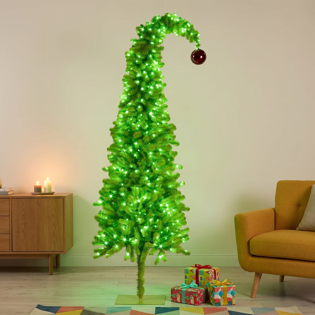Christabelle 1.8m 6ft Gremlin Christmas Tree Pre Lit Green White LED Curved Top Red Bauble Artificial Indoor Xmas Decor
