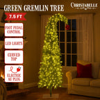 Christabelle 7.5ft Christmas Gremlin Tree Curved Top Red Bauble Built-in Green White LED Lights Control Base & Cord