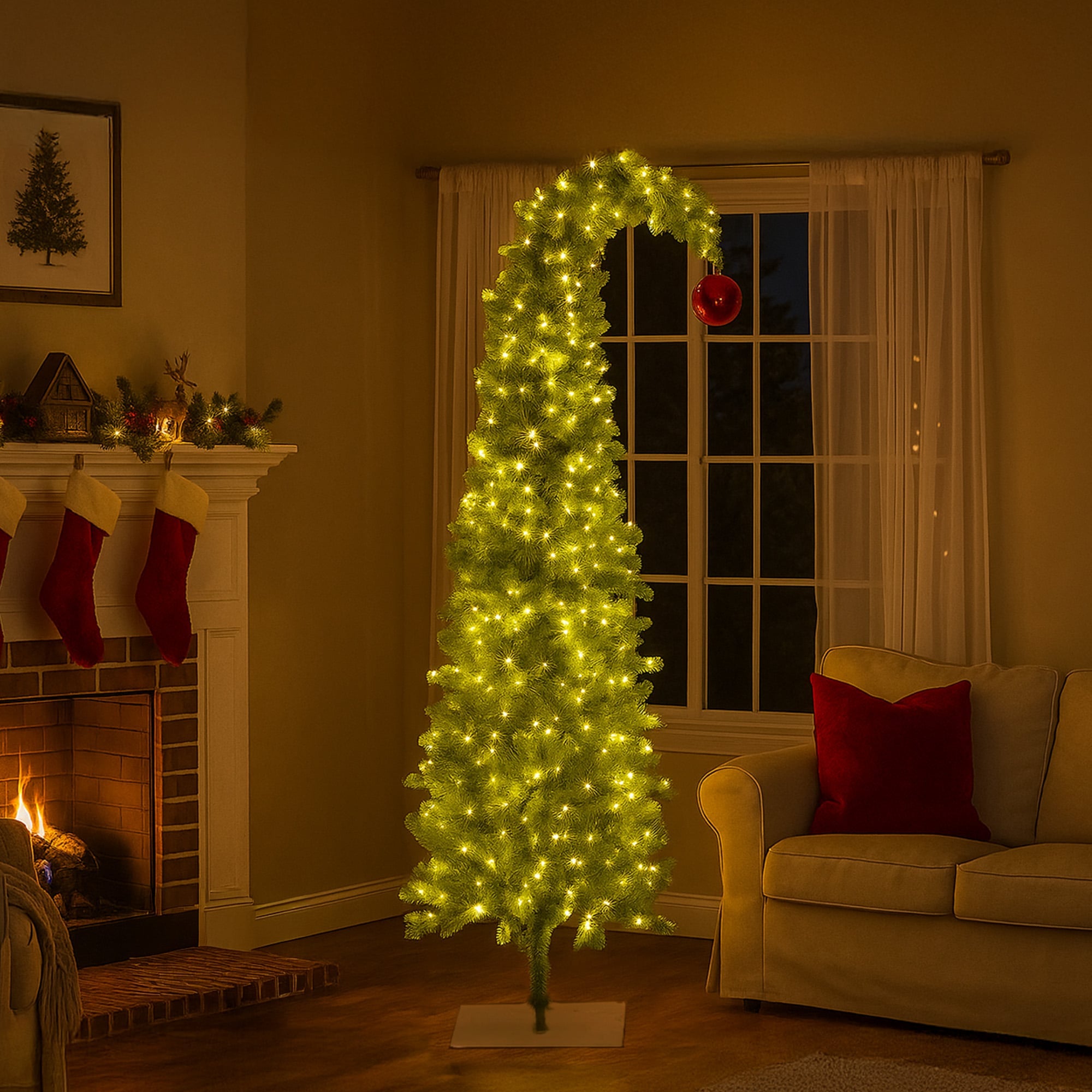 Christabelle 7.5ft Christmas Gremlin Tree Curved Top Red Bauble Built-in Green White LED Lights Control Base & Cord