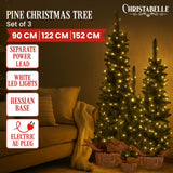 Christabelle Set of 3 Pre-Lit Christmas Trees Green Pine w/LED Lights, Hessian Base & Individual Plugs Varying Heights