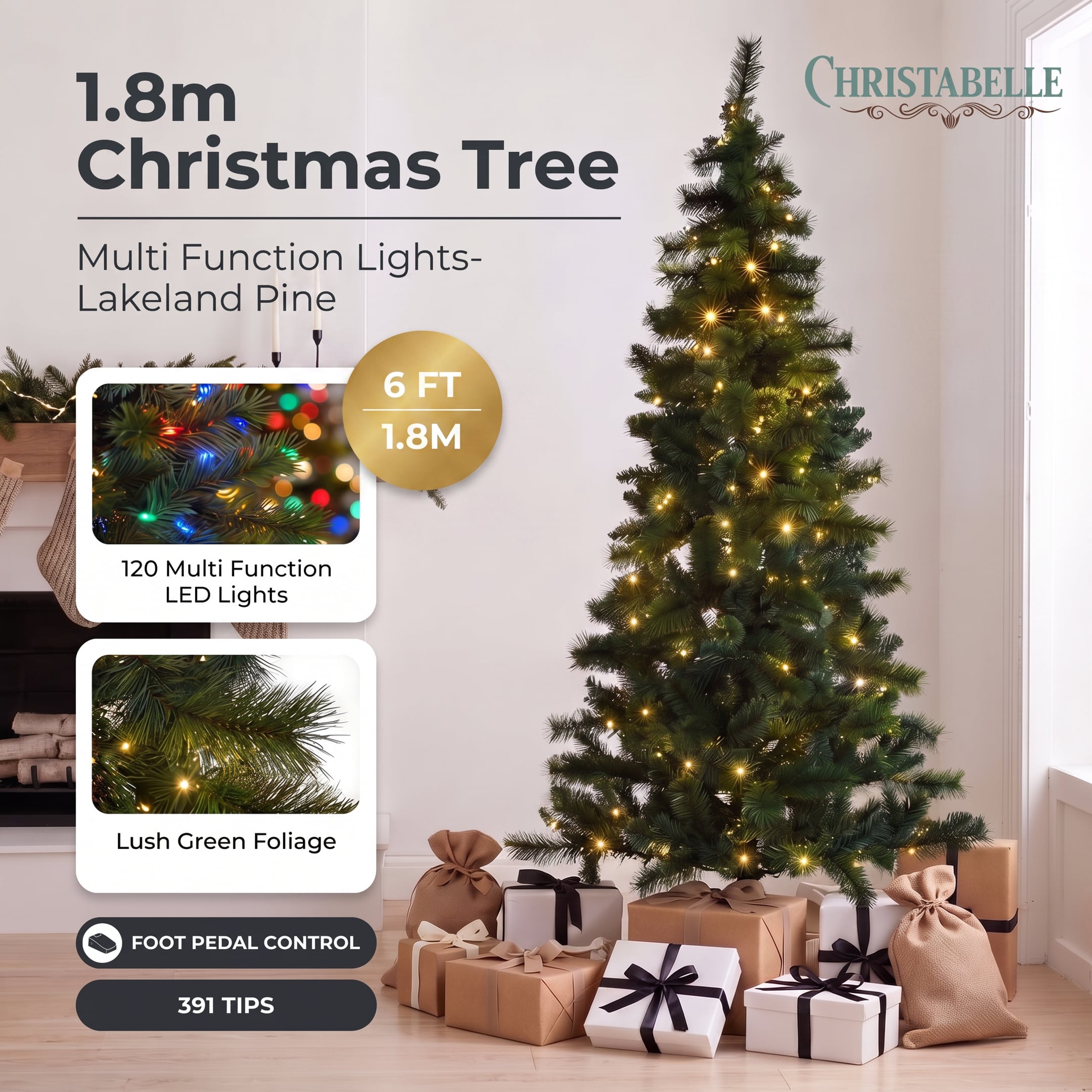 Christabelle 1.8m 6ft Lakeland Pine Christmas Tree Pre Lit Multi Function LED Artificial Indoor Xmas Decor Home
