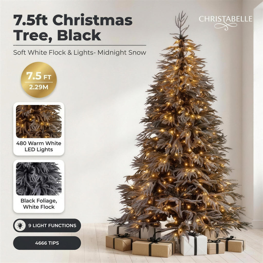 Christabelle 2.3m 7.5ft Midnight Snow Christmas Tree Pre Lit Warm White LED Black Foliage Flocked Hinged Branches Home