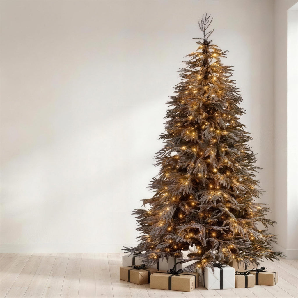 Christabelle 2.3m 7.5ft Midnight Snow Christmas Tree Pre Lit Warm White LED Black Foliage Flocked Hinged Branches Home