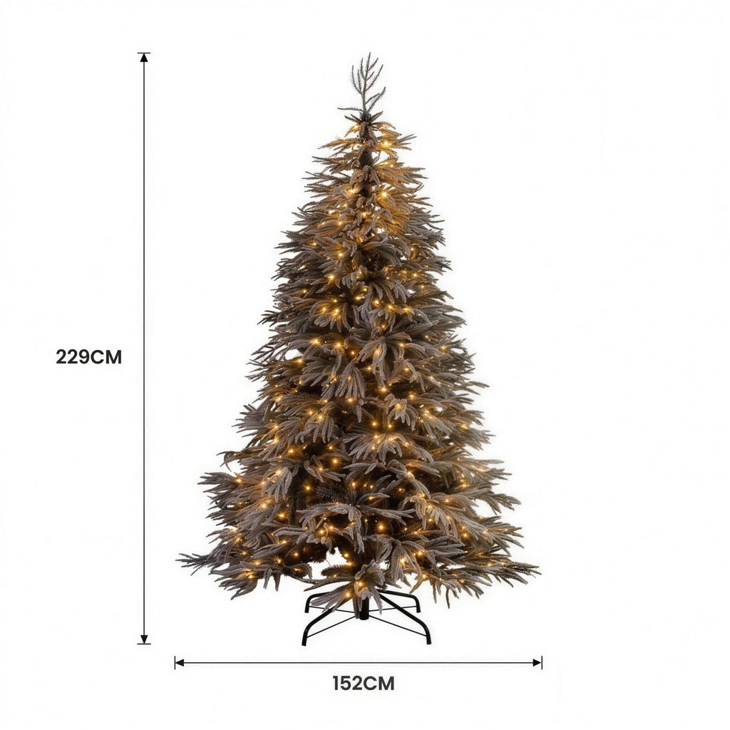 Christabelle 2.3m 7.5ft Midnight Snow Christmas Tree Pre Lit Warm White LED Black Foliage Flocked Hinged Branches Home
