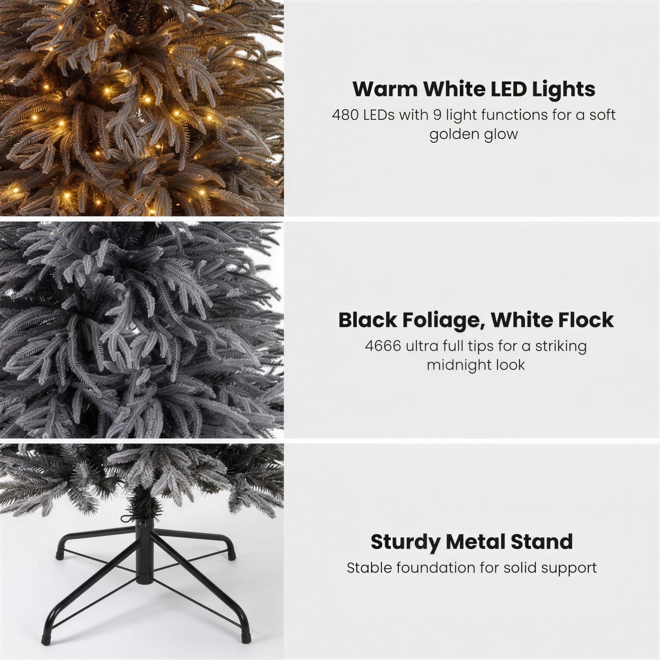 Christabelle 2.3m 7.5ft Midnight Snow Christmas Tree Pre Lit Warm White LED Black Foliage Flocked Hinged Branches Home
