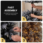 Christabelle 2.3m 7.5ft Midnight Snow Christmas Tree Pre Lit Warm White LED Black Foliage Flocked Hinged Branches Home
