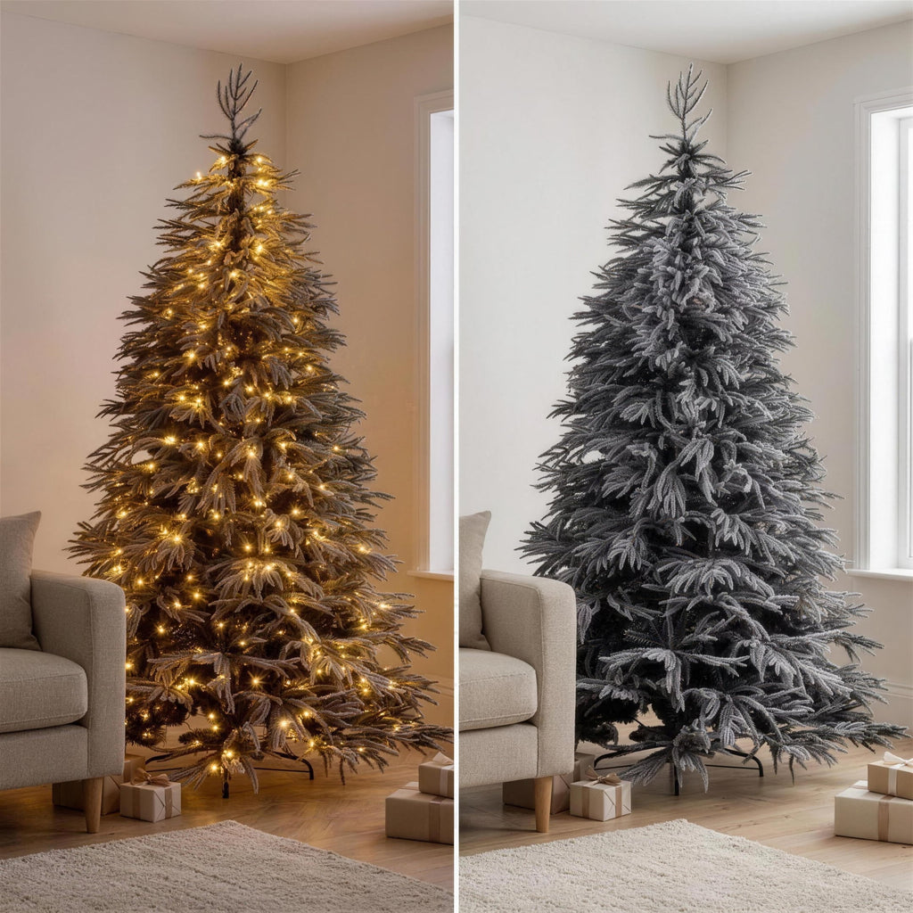 Christabelle 2.3m 7.5ft Midnight Snow Christmas Tree Pre Lit Warm White LED Black Foliage Flocked Hinged Branches Home