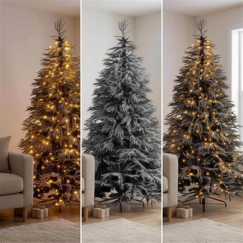 Christabelle 2.3m 7.5ft Midnight Snow Christmas Tree Pre Lit Warm White LED Black Foliage Flocked Hinged Branches Home