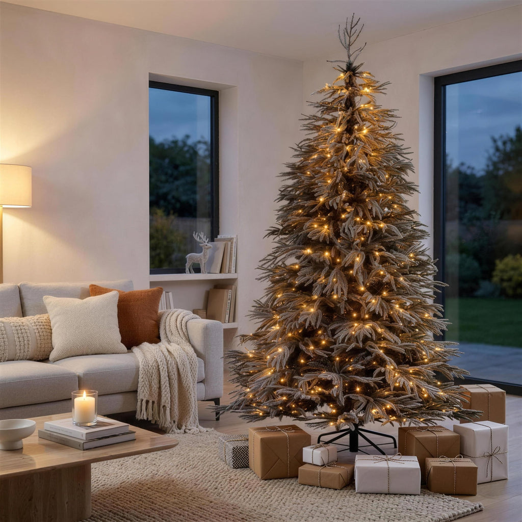 Christabelle 2.3m 7.5ft Midnight Snow Christmas Tree Pre Lit Warm White LED Black Foliage Flocked Hinged Branches Home