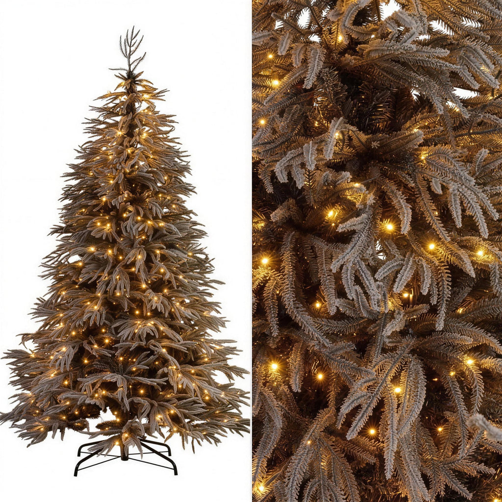 Christabelle 2.3m 7.5ft Midnight Snow Christmas Tree Pre Lit Warm White LED Black Foliage Flocked Hinged Branches Home