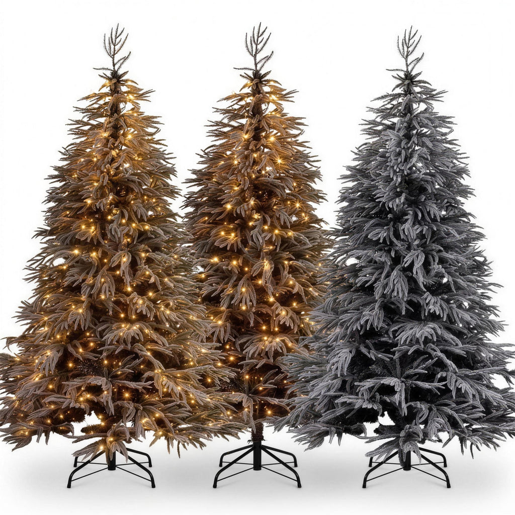 Christabelle 2.3m 7.5ft Midnight Snow Christmas Tree Pre Lit Warm White LED Black Foliage Flocked Hinged Branches Home