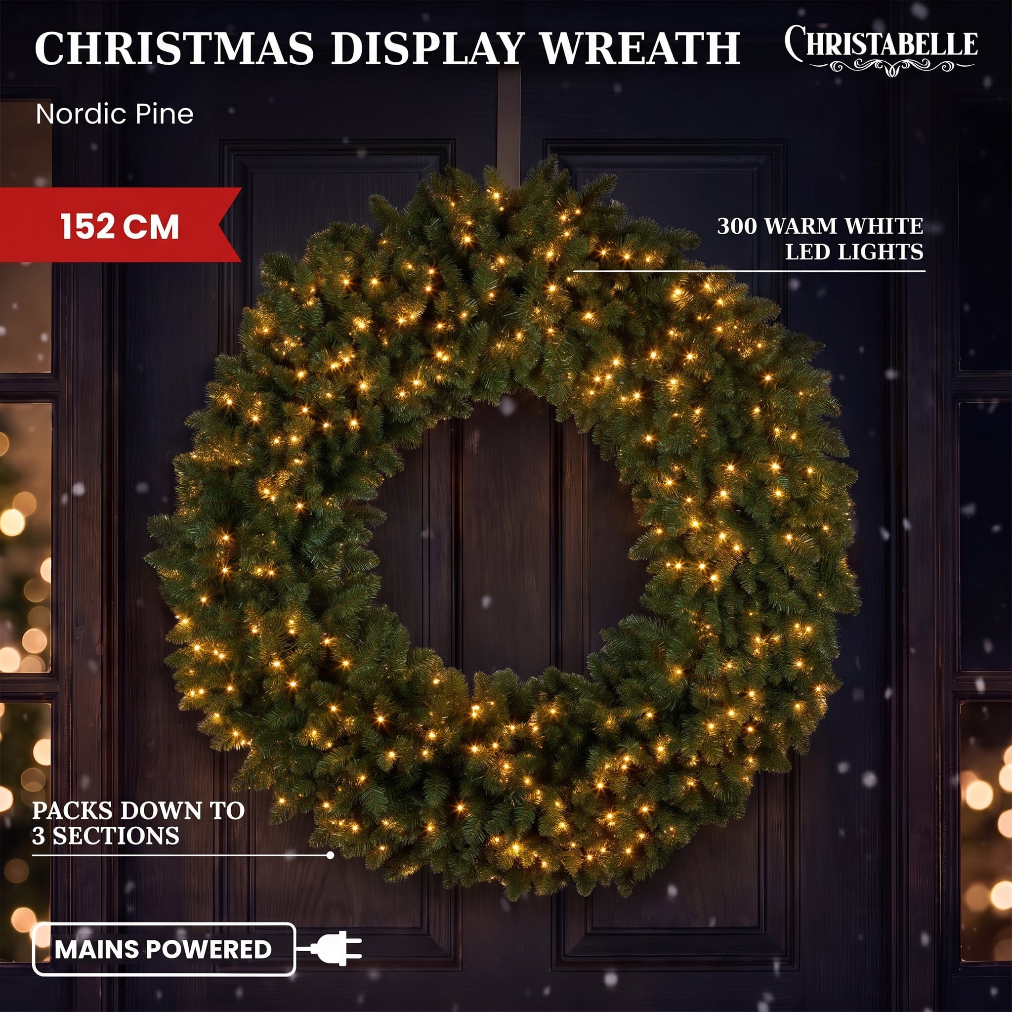 Christabelle 1.52m Nordic Pine Christmas Wreath Pre Lit White LED Large Statement Front Door Xmas Decoration Home