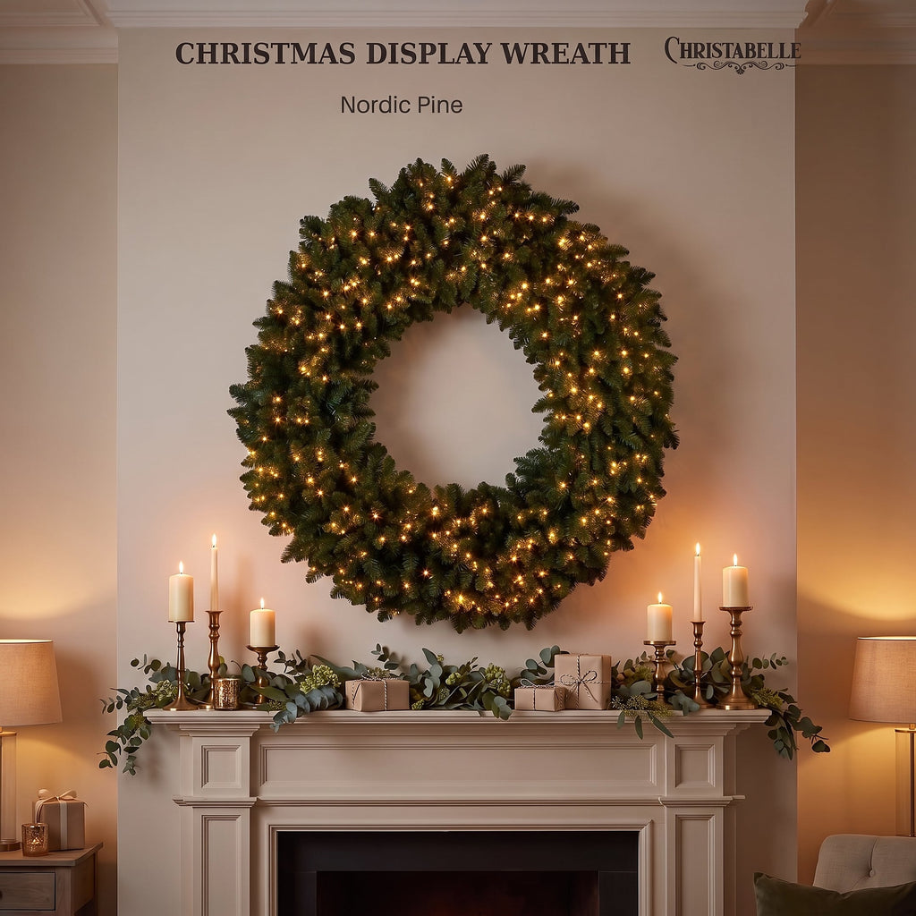 Christabelle 1.52m Nordic Pine Christmas Wreath Pre Lit White LED Large Statement Front Door Xmas Decoration Home