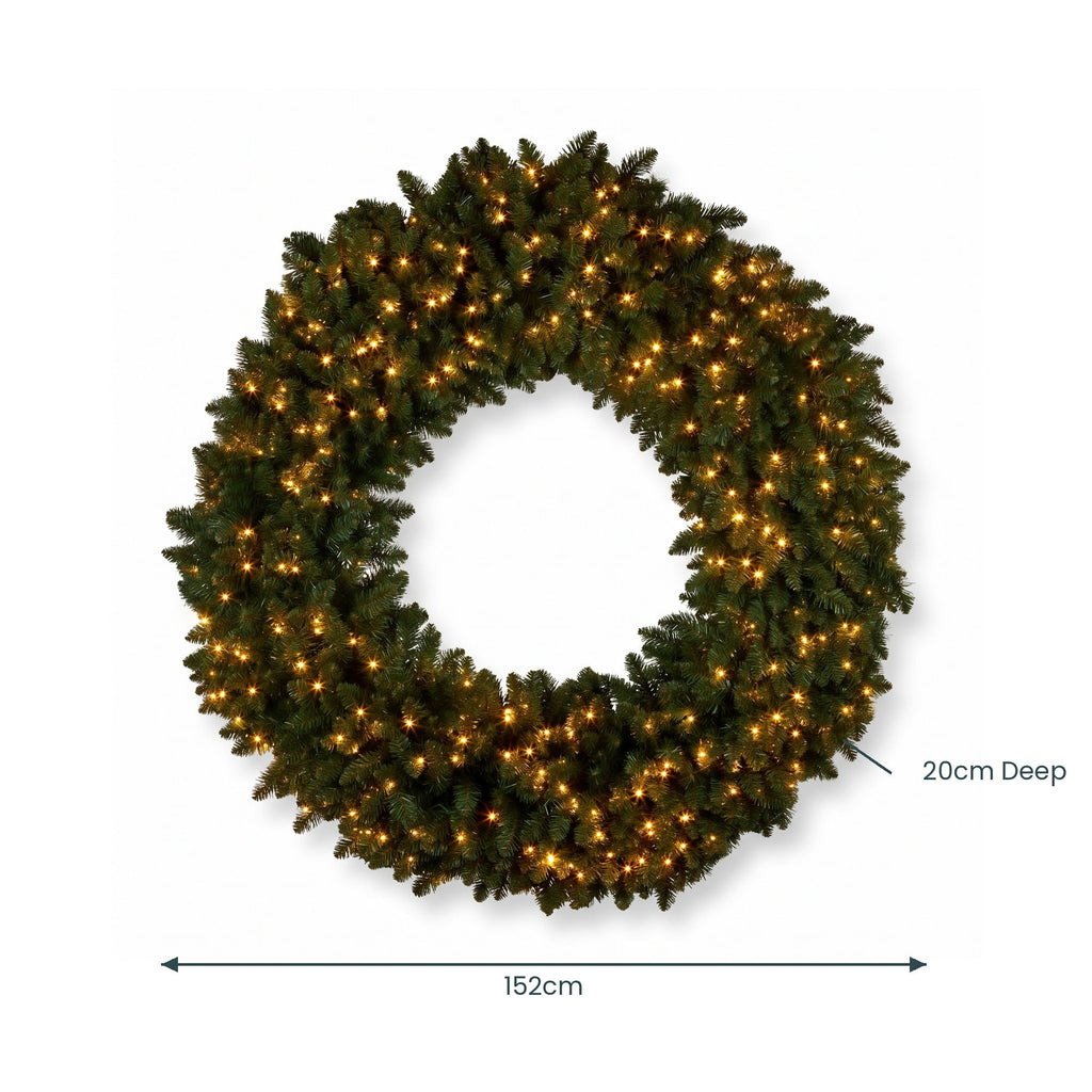 Christabelle 1.52m Nordic Pine Christmas Wreath Pre Lit White LED Large Statement Front Door Xmas Decoration Home