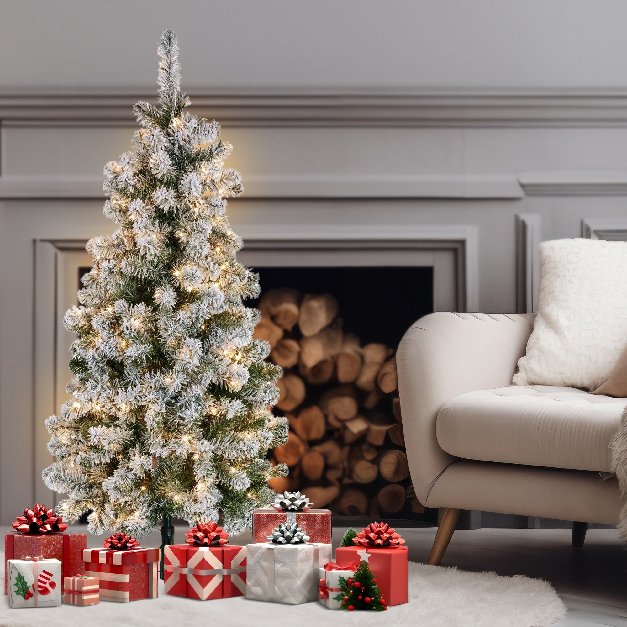 Christabelle 4.5ft - (137cm) Snowy Slimline Christmas Tree with LED Lights