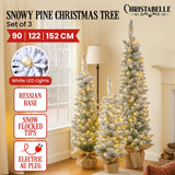 Christabelle Snowy Pine Christmas Trees Set of 3 with LED Lights & Hessian Base