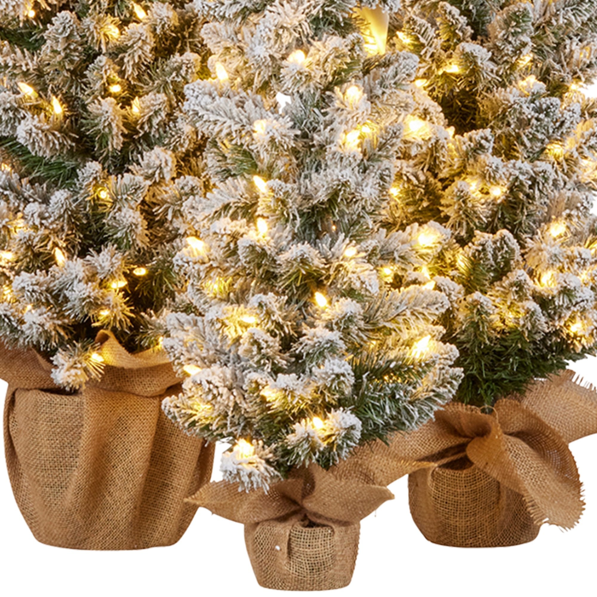 Christabelle Snowy Pine Christmas Trees Set of 3 with LED Lights & Hessian Base