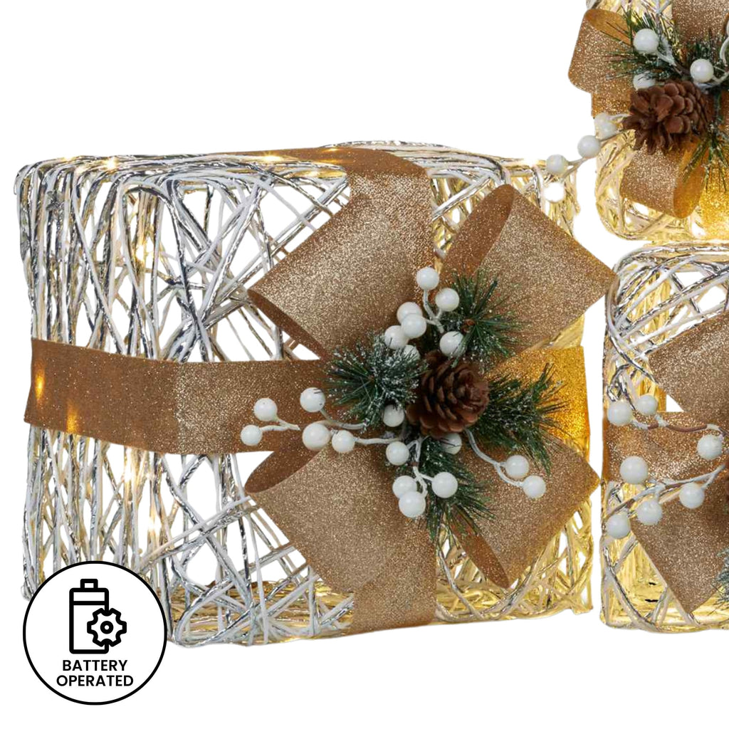 3 Piece Christmas Present Display Set with Lights & Gold Bows