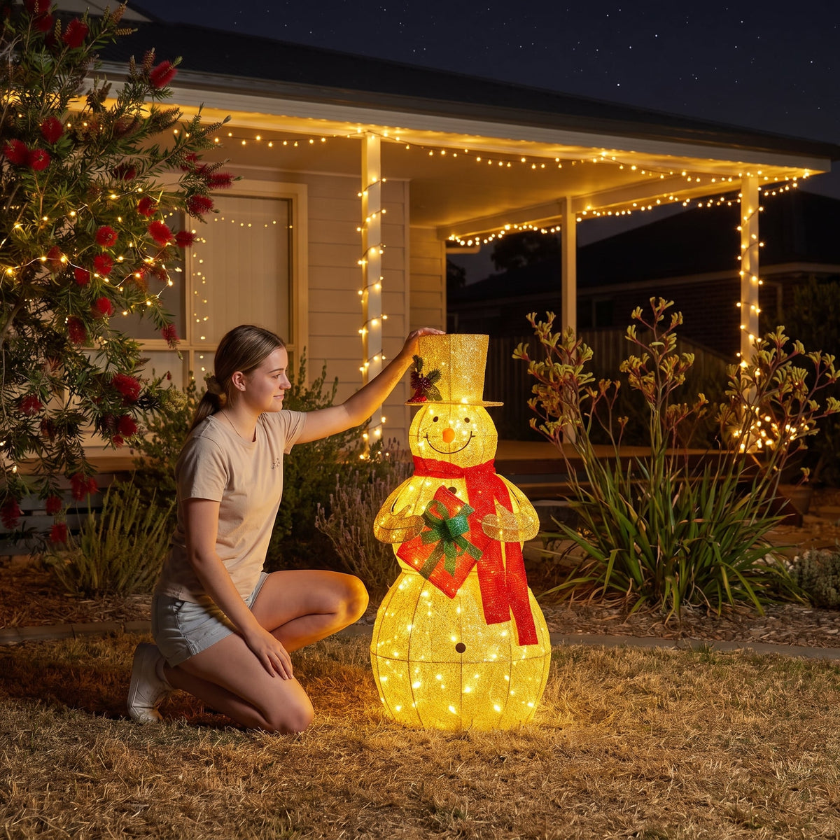 Christabelle 120cm Gold Outdoor Christmas Snowman with Lights