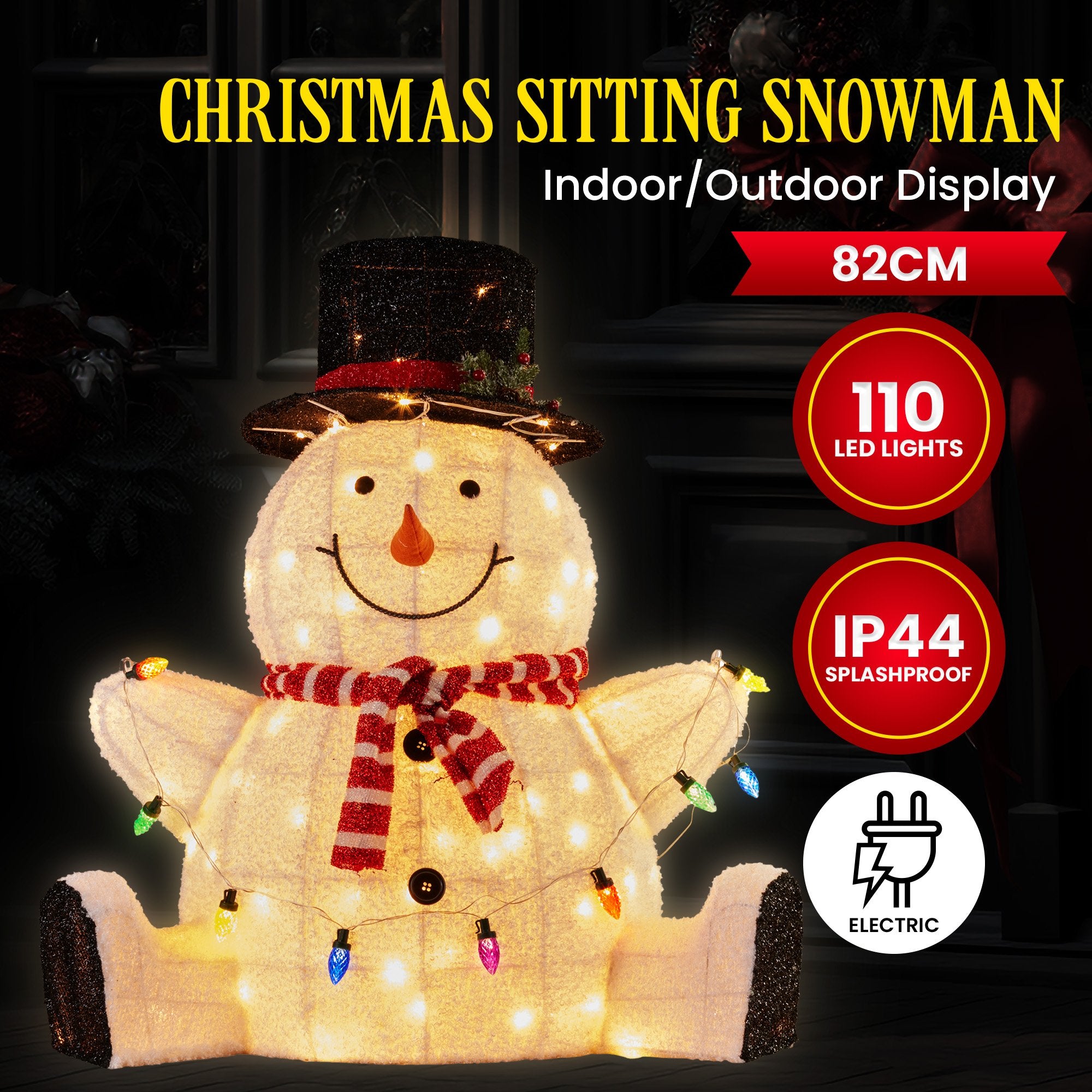Sitting Snowman Christmas Display with Lights - 82cm