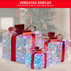 Set of 3 Christmas Gift Boxes Display With Lights in Clear Shimmer and Red