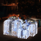 Set of 3 Christmas Gift Boxes Display With Lights Jewelled Wire and Silver Bows