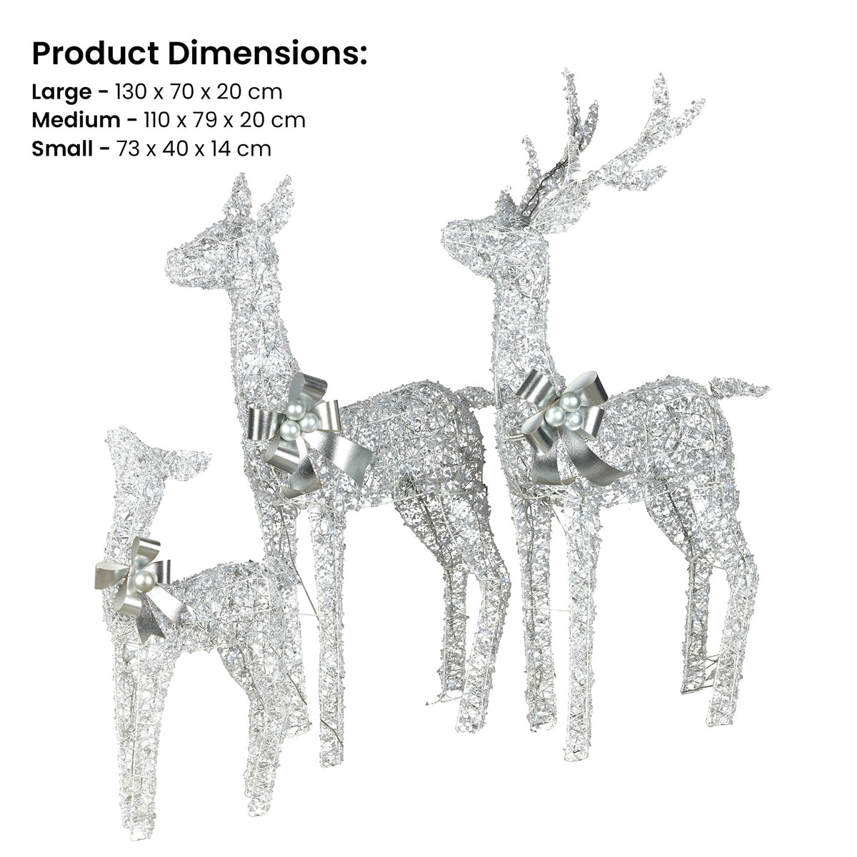 Christabelle Christmas Reindeer Display Set 3 Indoor Outdoor Decorations Acrylic Beads Cool White LED Lights Silver