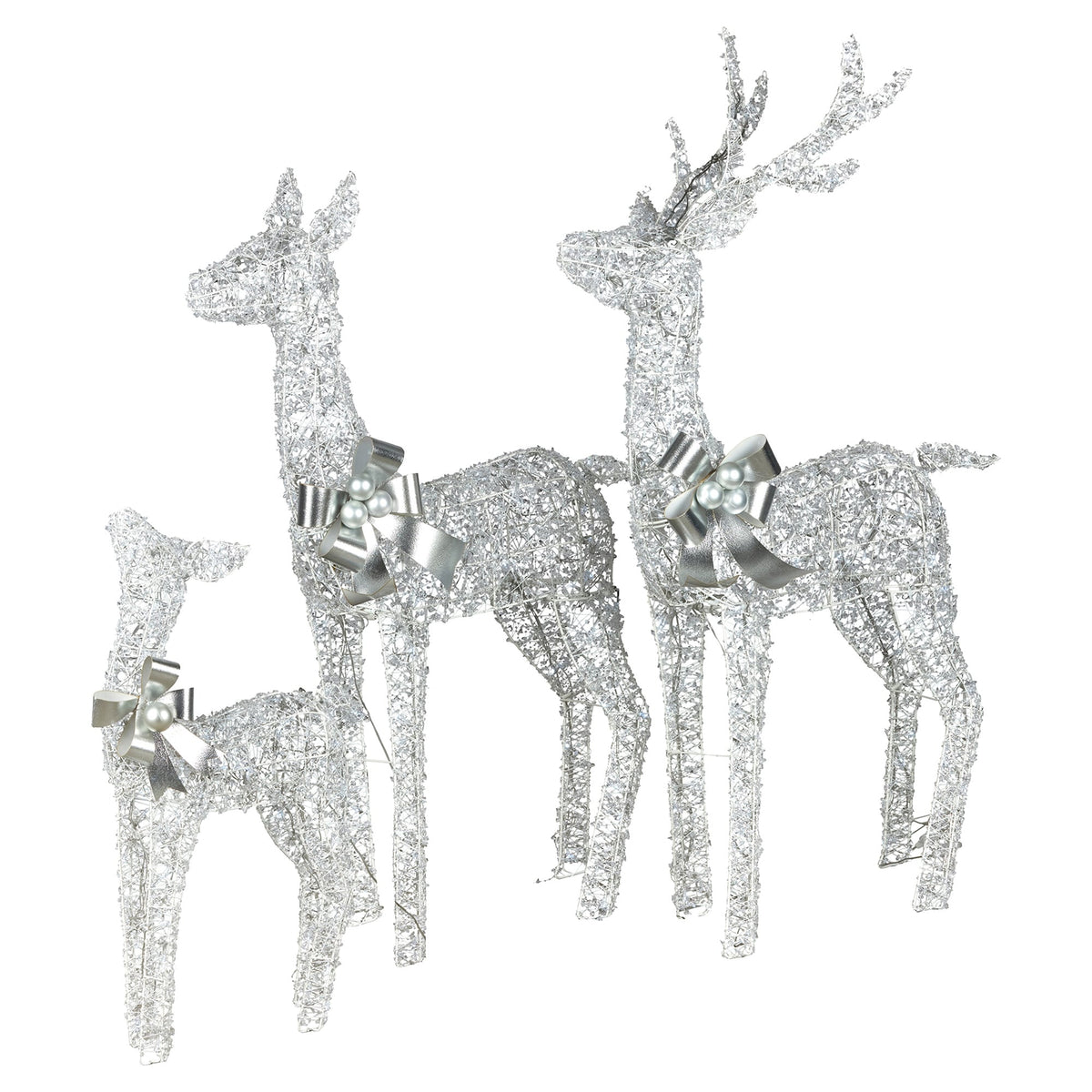 Christabelle Christmas Reindeer Display Set 3 Indoor Outdoor Decorations Acrylic Beads Cool White LED Lights Silver