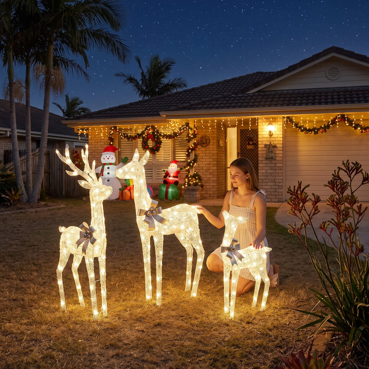 Christabelle Christmas Reindeer Display Set 3 Indoor Outdoor Decorations Acrylic Beads Cool White LED Lights Silver