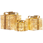 Christabelle Set of 3 Battery Operated Golden Christmas Gift Boxes w/Warm White LED Lights Indoor Decorative Holiday