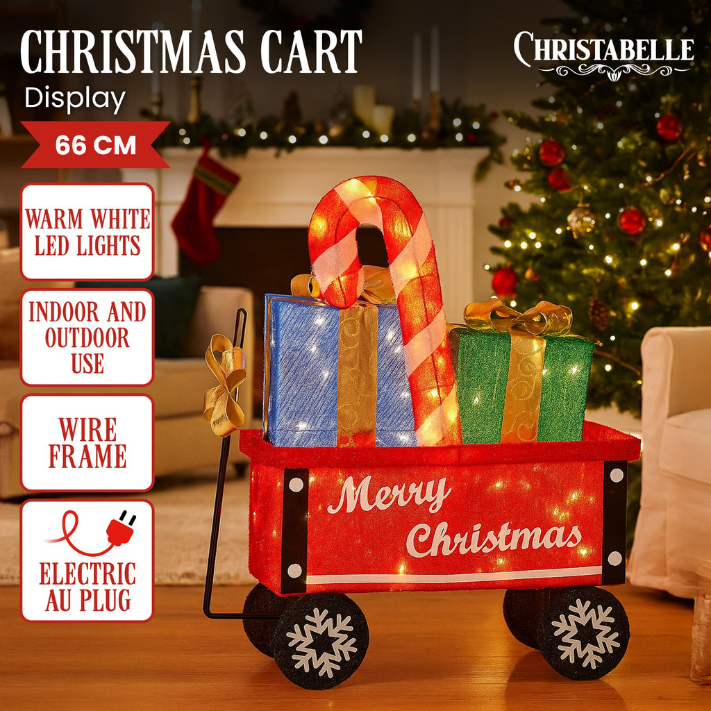 Christabelle Christmas Cart Display w/Candy Cane & Presents Warm White LED Lights Wire Frame Structure Indoor & Outdoor
