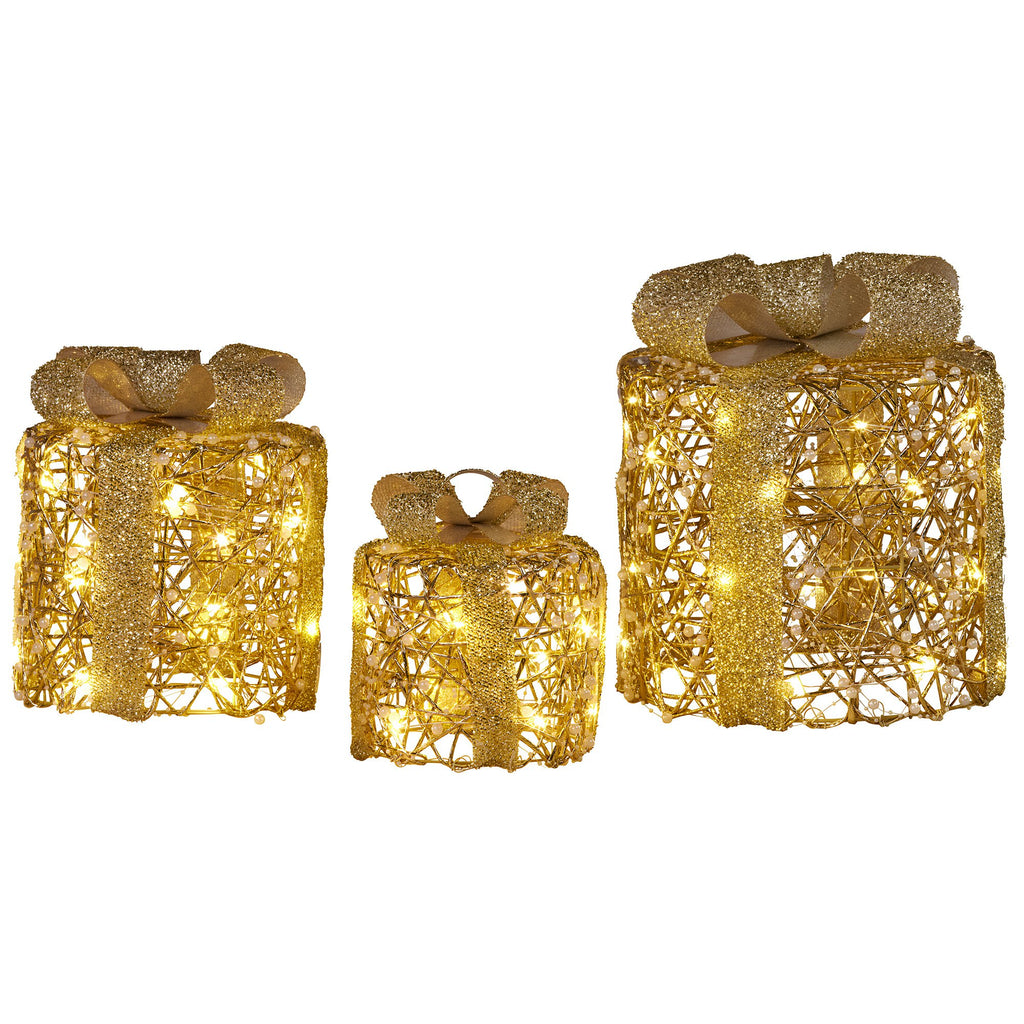 Christabelle Set of 3 Battery Operated Golden Cylindrical Christmas Gift Boxes w/Warm LED Lights Indoor Holiday Present