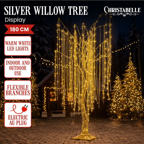 Christabelle Silver Willow Tree 180cm Christmas Display Warm White LED Lights Flexible Branches & Hanging Strands