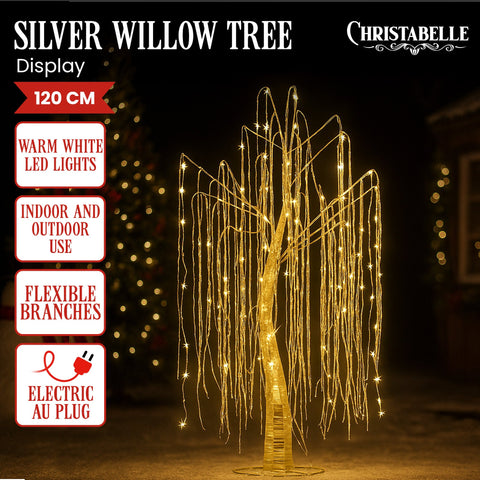 Christabelle Silver Willow Tree 120cm Christmas Display Warm White LED Lights Flexible Branches & Hanging Strands