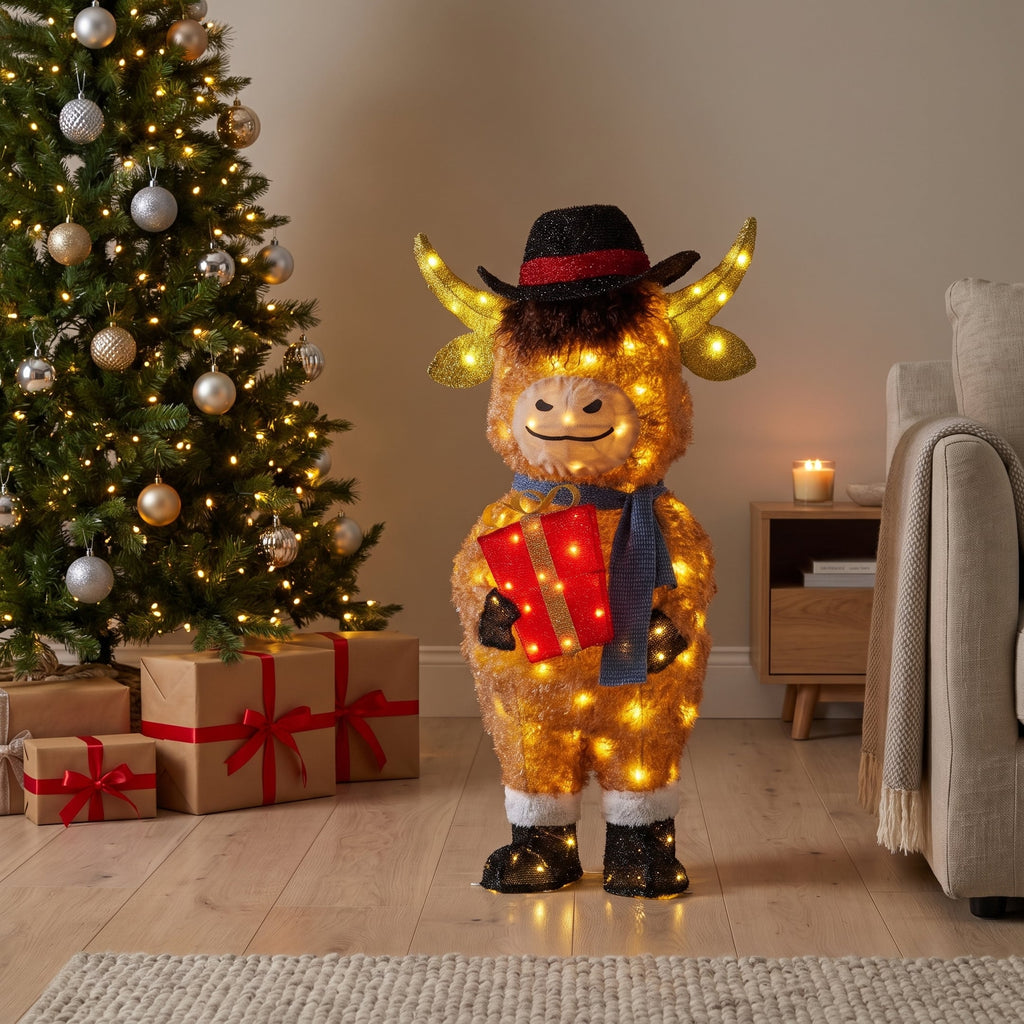 Christabelle 96cm Highland Cow Christmas Light Up Display LED Novelty Animal Gift Outdoor Indoor Xmas Yard Lawn Statue