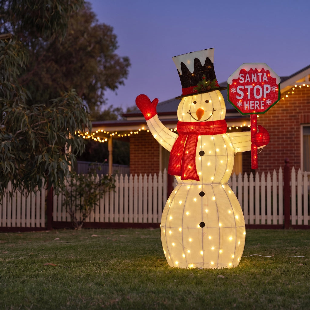 Christabelle 1.21m Snowman Christmas Light Up Display LED Santa Stop Here Sign Outdoor Indoor Xmas Yard Lawn Statue