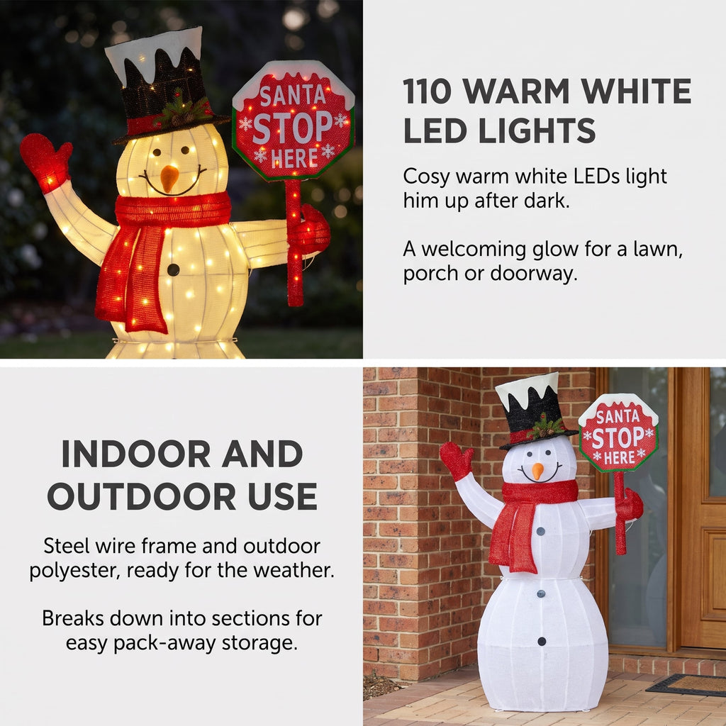 Christabelle 1.21m Snowman Christmas Light Up Display LED Santa Stop Here Sign Outdoor Indoor Xmas Yard Lawn Statue