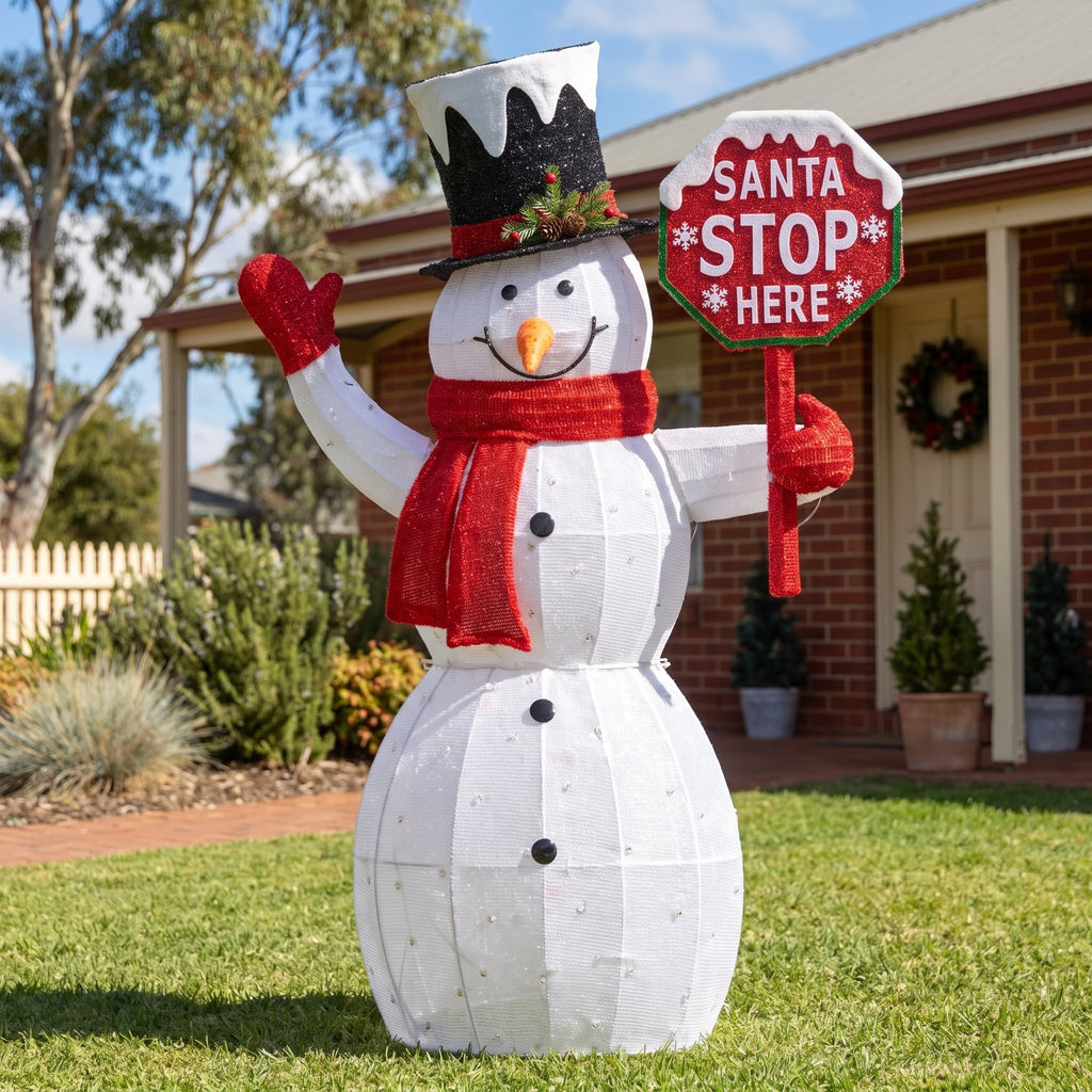 Christabelle 1.21m Snowman Christmas Light Up Display LED Santa Stop Here Sign Outdoor Indoor Xmas Yard Lawn Statue