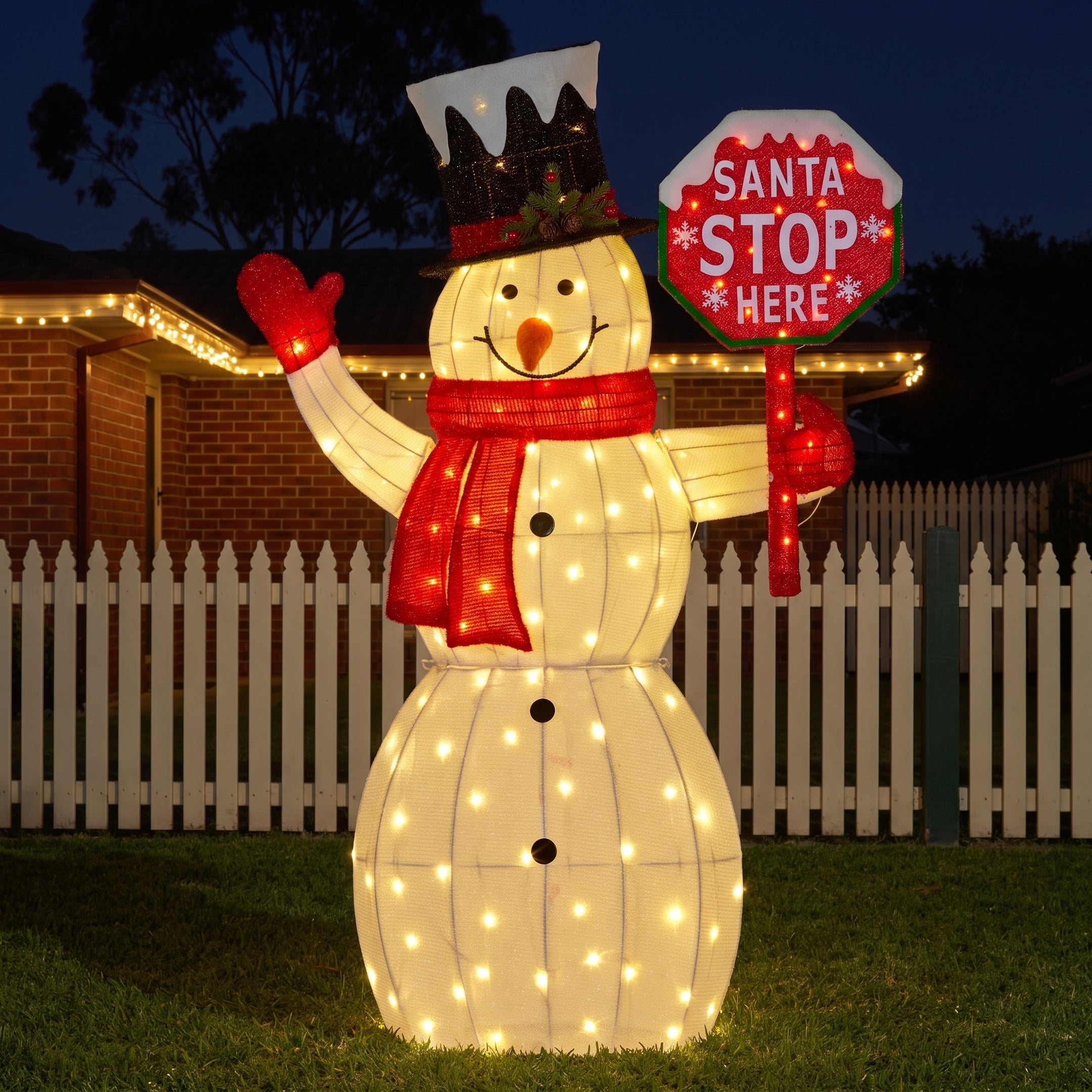Christabelle 1.21m Snowman Christmas Light Up Display LED Santa Stop Here Sign Outdoor Indoor Xmas Yard Lawn Statue