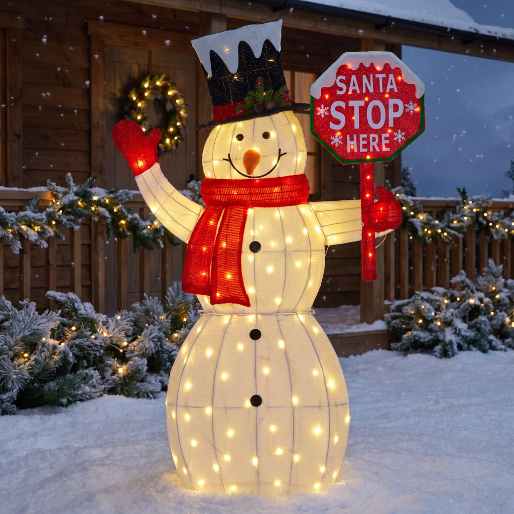 Christabelle 1.21m Snowman Christmas Light Up Display LED Santa Stop Here Sign Outdoor Indoor Xmas Yard Lawn Statue