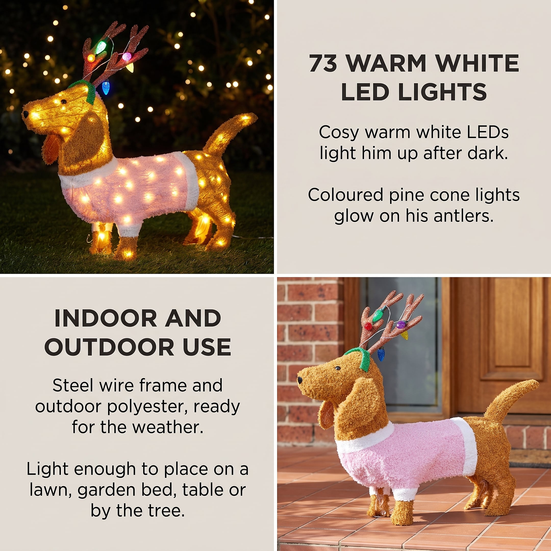 Christabelle 73cm Dachshund Dog Christmas Light Up Display Pine Cone Lights Outdoor Indoor Xmas Yard Lawn Statue