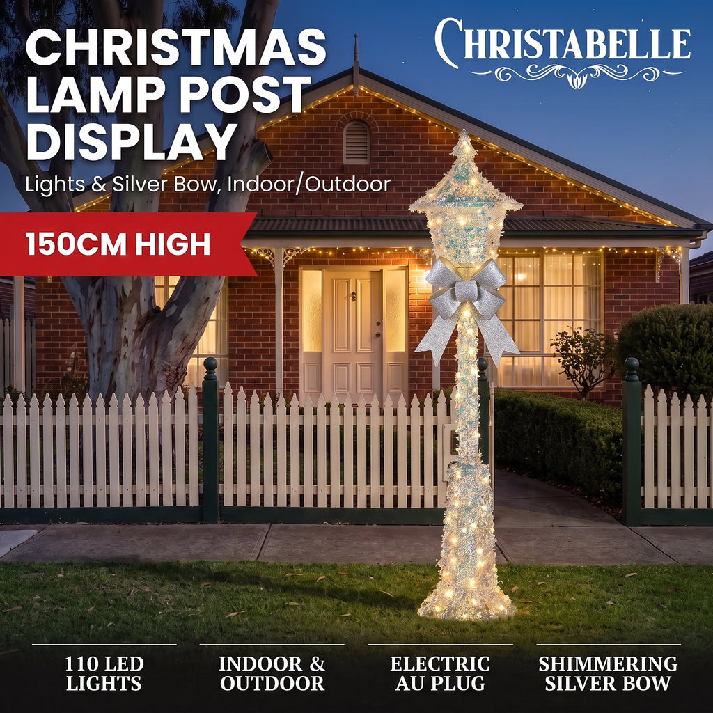 Christabelle 1.5m Lamp Post Christmas Light Up Display Silver Bows Warm White LED Outdoor Indoor Xmas Yard Lawn Statue