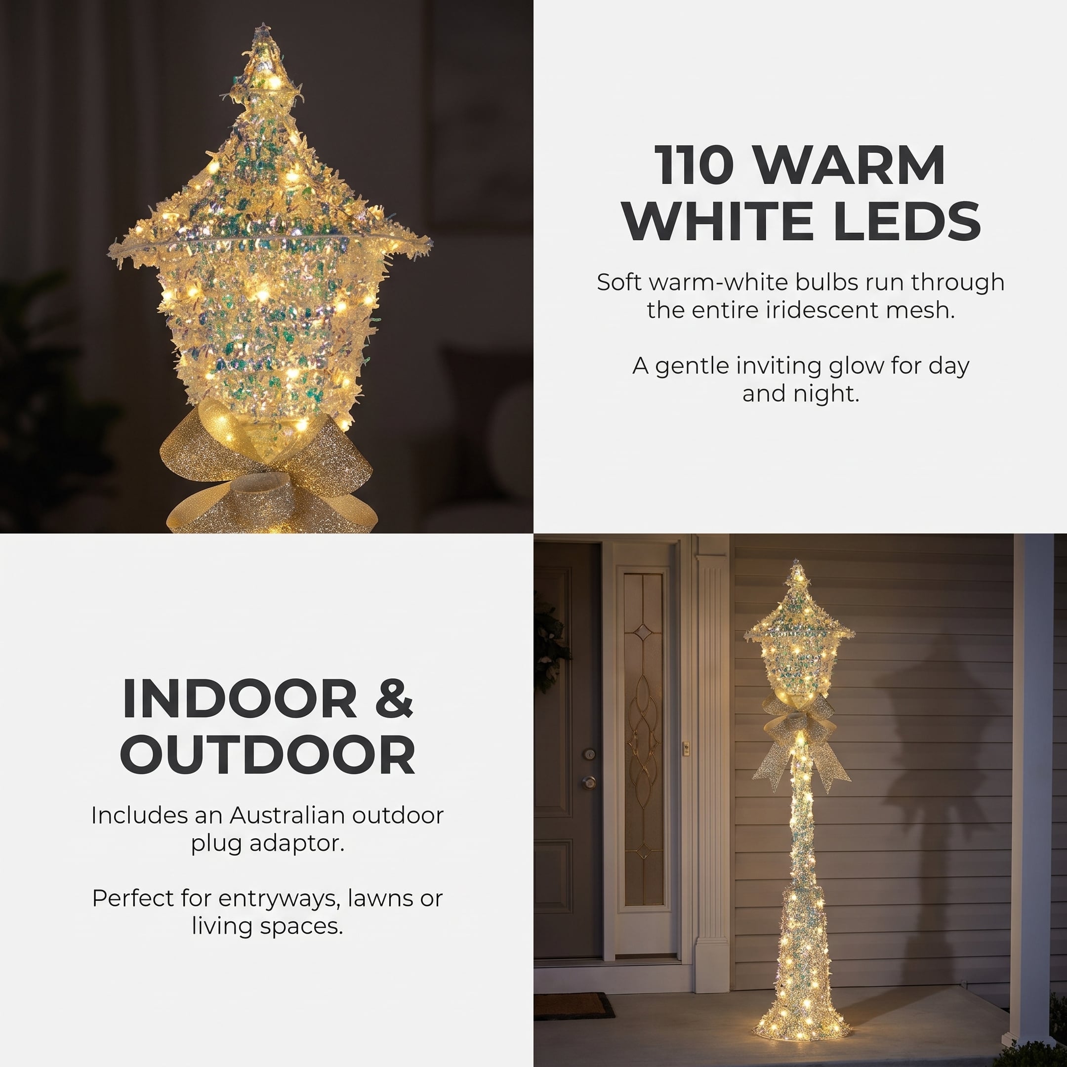 Christabelle 1.5m Lamp Post Christmas Light Up Display Silver Bows Warm White LED Outdoor Indoor Xmas Yard Lawn Statue