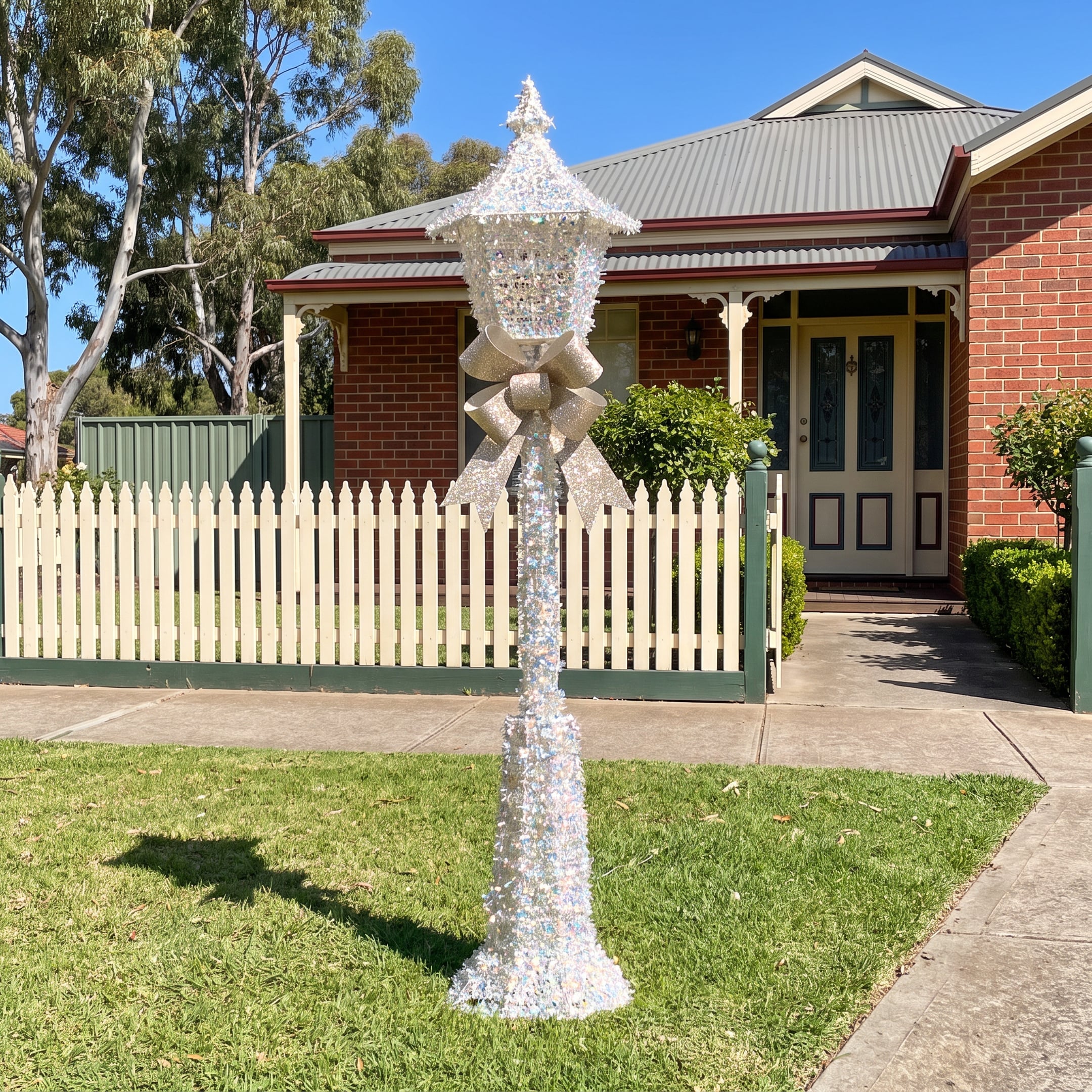 Christabelle 1.5m Lamp Post Christmas Light Up Display Silver Bows Warm White LED Outdoor Indoor Xmas Yard Lawn Statue