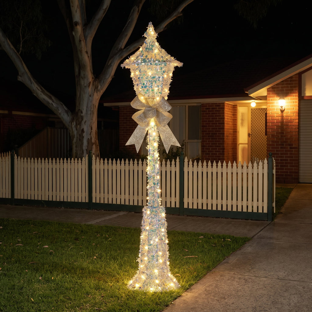 Christabelle 1.5m Lamp Post Christmas Light Up Display Silver Bows Warm White LED Outdoor Indoor Xmas Yard Lawn Statue