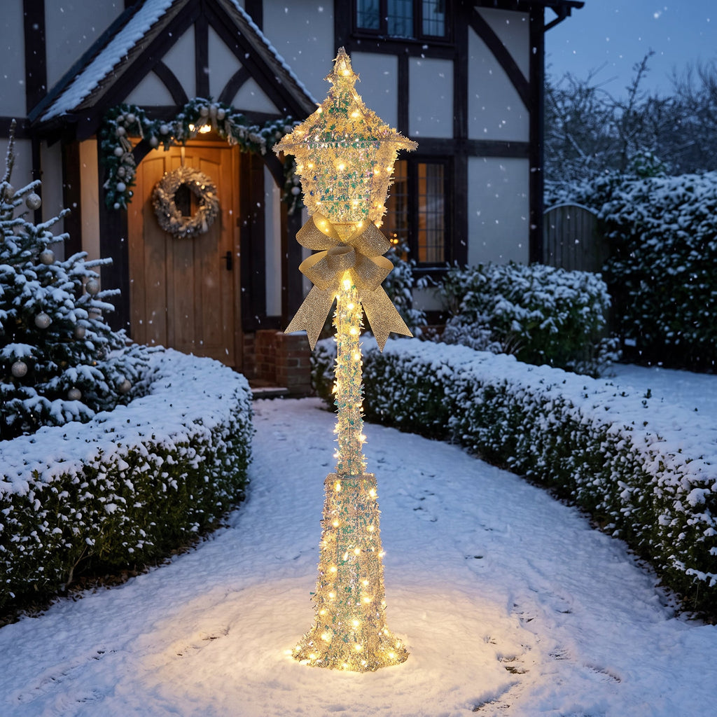 Christabelle 1.5m Lamp Post Christmas Light Up Display Silver Bows Warm White LED Outdoor Indoor Xmas Yard Lawn Statue