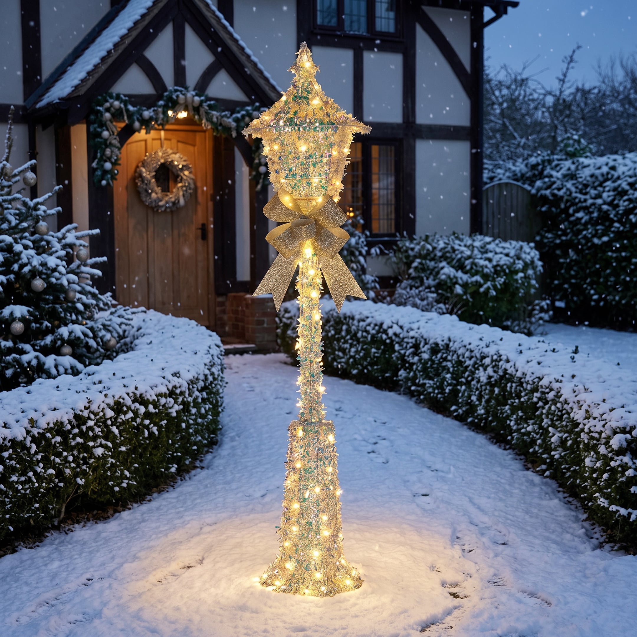 Christabelle 1.5m Lamp Post Christmas Light Up Display Silver Bows Warm White LED Outdoor Indoor Xmas Yard Lawn Statue