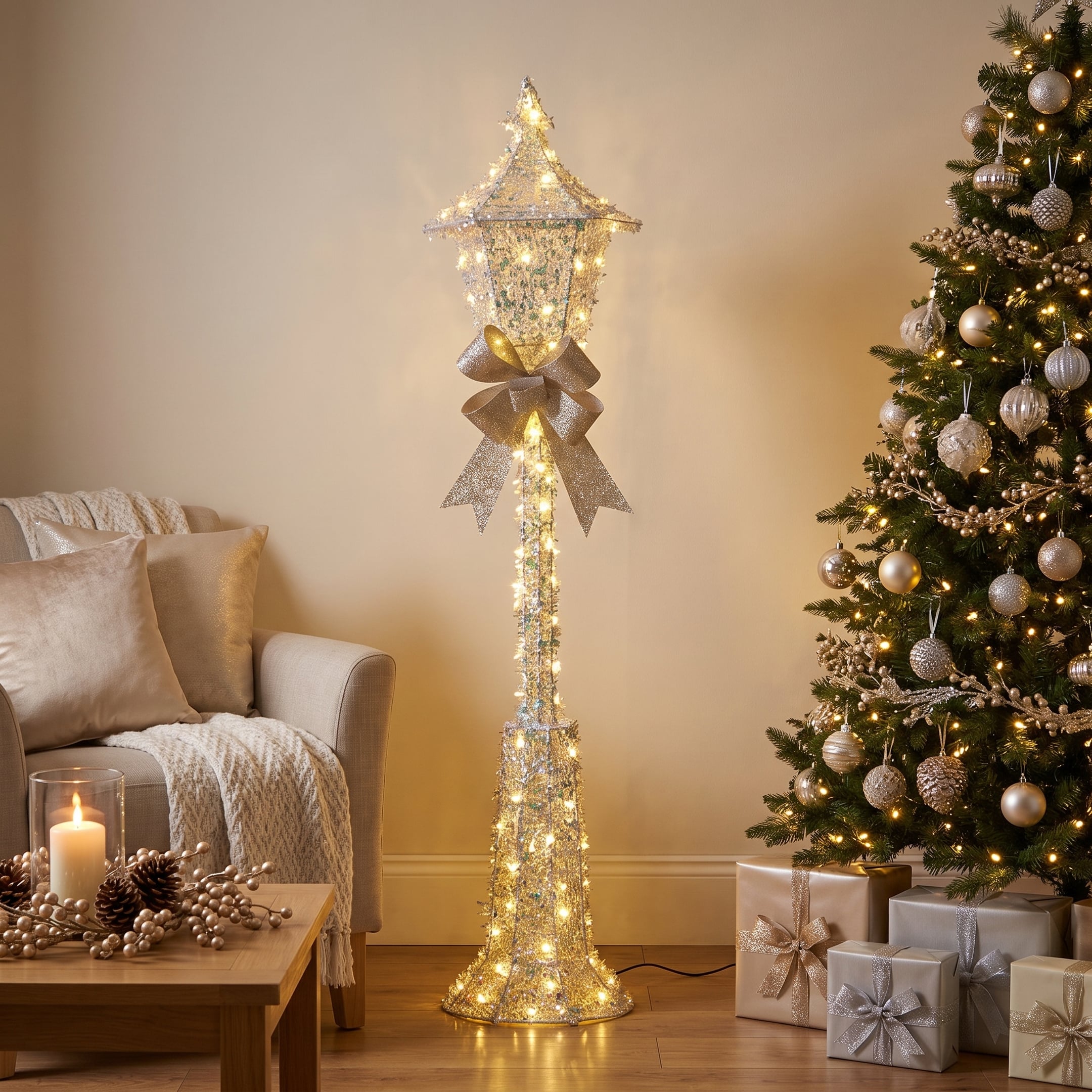 Christabelle 1.5m Lamp Post Christmas Light Up Display Silver Bows Warm White LED Outdoor Indoor Xmas Yard Lawn Statue